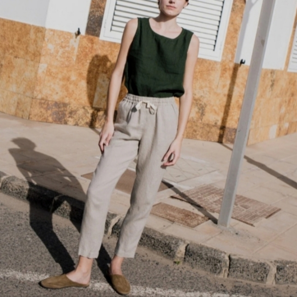 Not Perfect Linen Athens Drawstring Linen Pants In Grey XS
